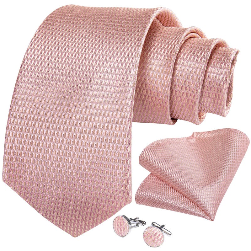 DiBanGu Silk Ties for Men Necktie and Lapel Pin Brooch Set Formal Woven Paisley Plaid Striped Solid Tie Wedding Party, Blush Pink - Image 4